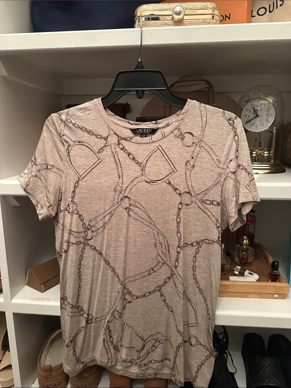 Lauren Ralph Lauren Beige Chain-Print Short Sleeve Crew Tee